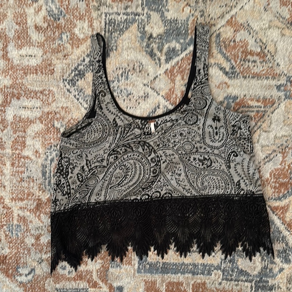 Free People Black and White Embellished Crop Tank Top